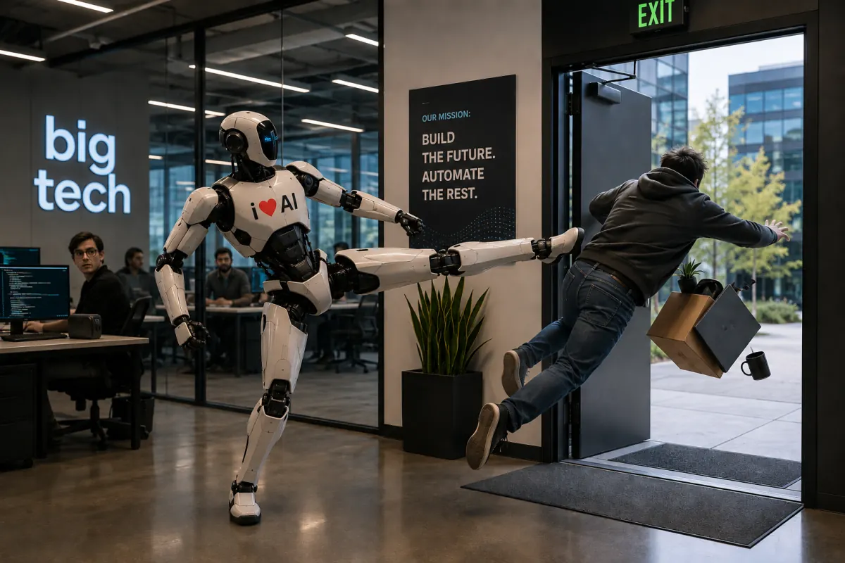 A graphic illustrating the impact of AI on job displacement in the tech sector, with a declining workforce chart and AI symbols.