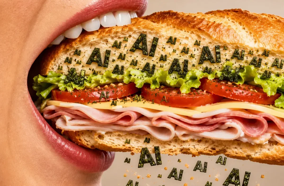 A sandwich being prepared, with a subtle overlay of abstract AI-related visuals, representing the intersection of traditional business and artificial intelligence hype.