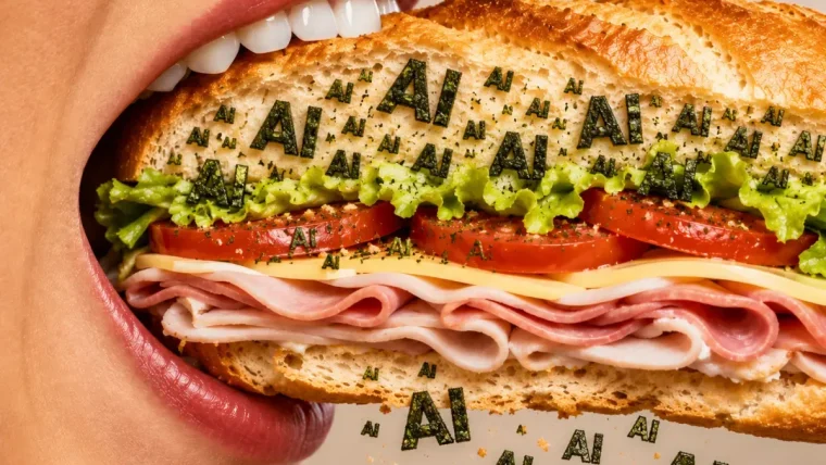 A sandwich being prepared, with a subtle overlay of abstract AI-related visuals, representing the intersection of traditional business and artificial intelligence hype.