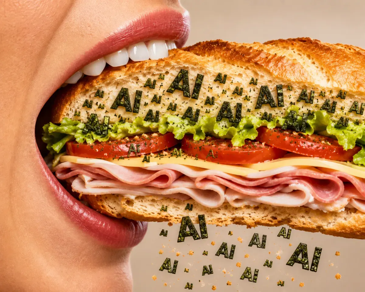 A sandwich being prepared, with a subtle overlay of abstract AI-related visuals, representing the intersection of traditional business and artificial intelligence hype.