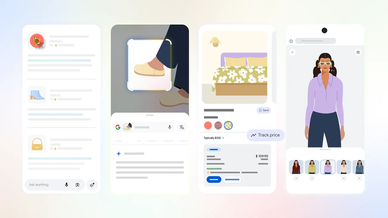 Four mobile phone screens illustrating Google Shopping features: personalized AI search results, a Google Lens visual search of a shoe, a product listing with a price-tracking