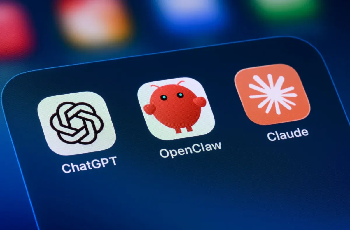 A smartphone displaying the OpenClaw AI agent application interface with a claw icon.
