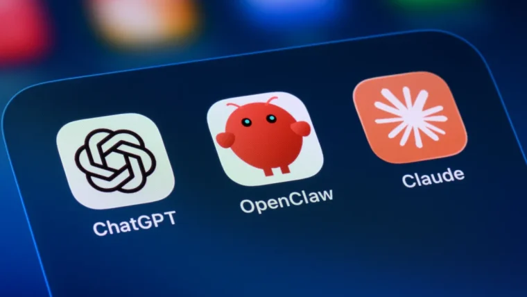 A smartphone displaying the OpenClaw AI agent application interface with a claw icon.