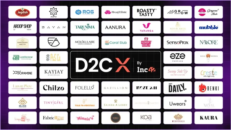 A collage of logos representing various Indian direct-to-consumer (D2C) brands participating in an accelerator program.