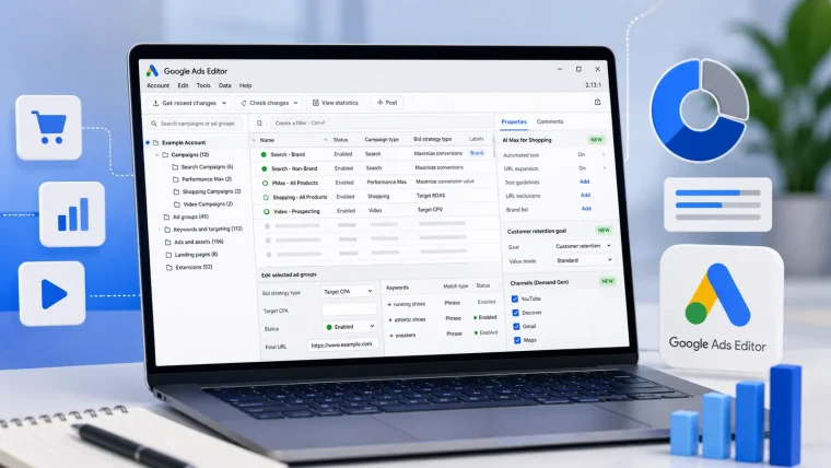 Google Ads Editor 2.13 interface with AI Max options for Shopping campaigns