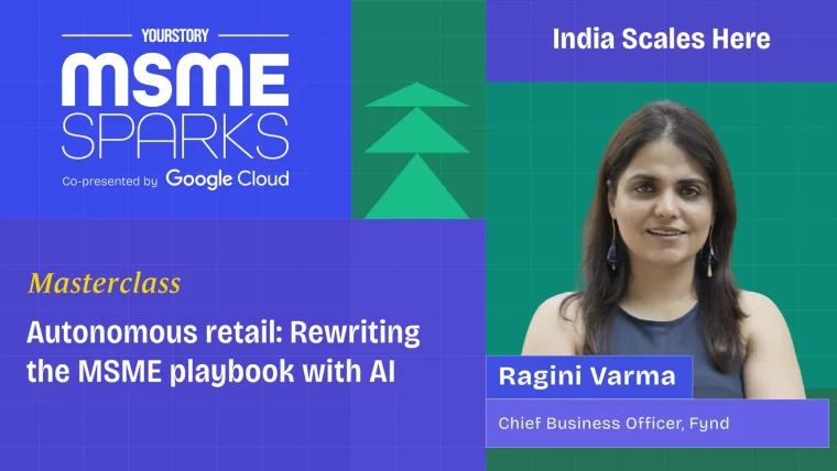 An Indian small business owner, possibly in retail, looking thoughtfully at a tablet displaying various AI-powered business tools.