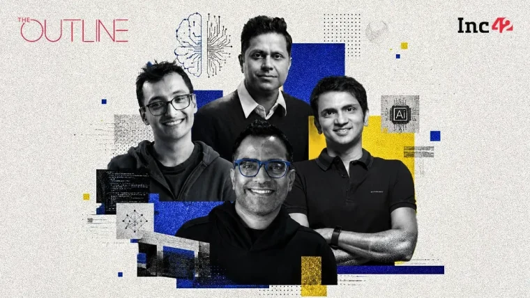 A group of Indian startup founders in a discussion, with abstract graphics representing artificial intelligence and data