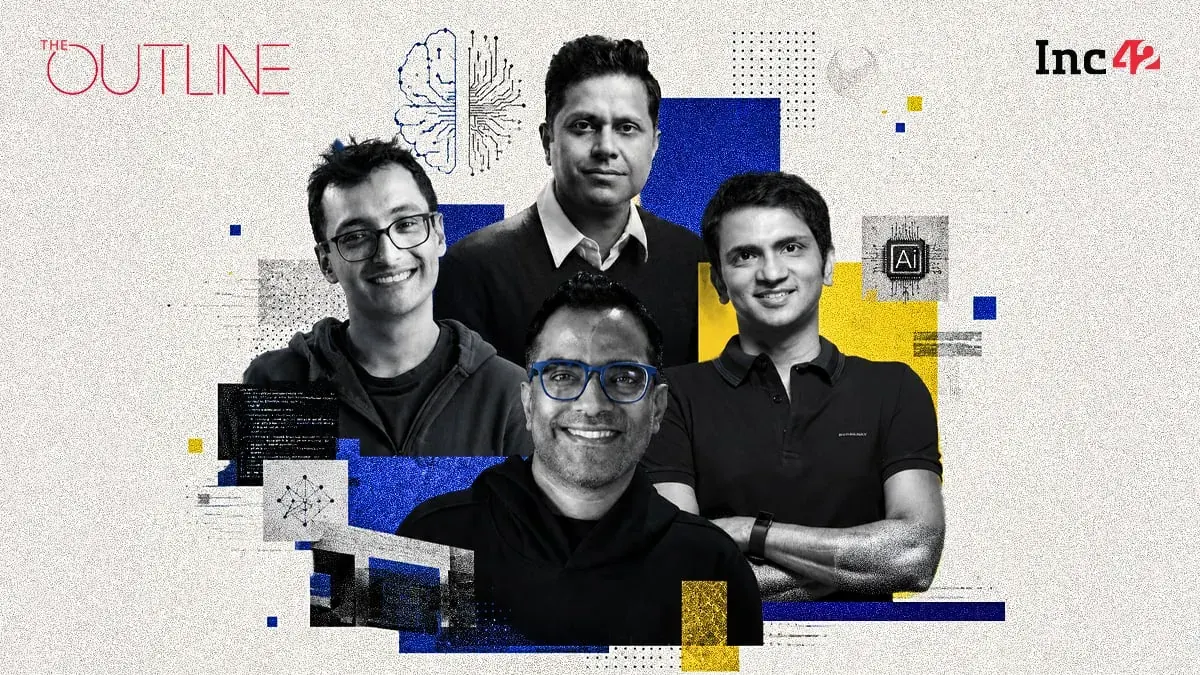A group of Indian startup founders in a discussion, with abstract graphics representing artificial intelligence and data