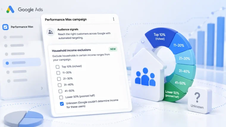 Google Ads Performance Max campaign settings with household income exclusion dropdown