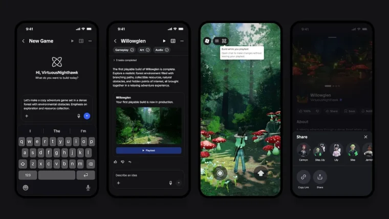 A mobile phone screen displaying the Roblox interface with a new game being generated from a text prompt, showcasing AI-powered game creation.