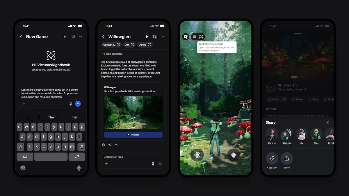 A mobile phone screen displaying the Roblox interface with a new game being generated from a text prompt, showcasing AI-powered game creation.
