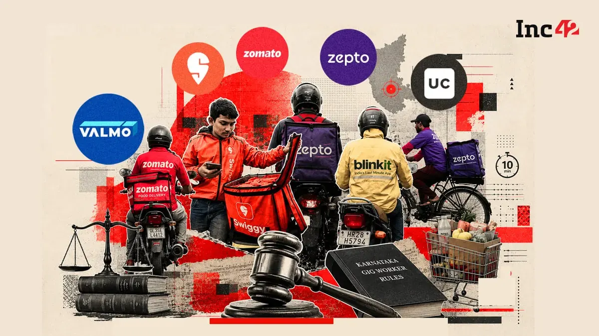 Illustration of gig workers, such as delivery riders, with legal documents and scales of justice in the background, representing the Karnataka High Court case impacting their