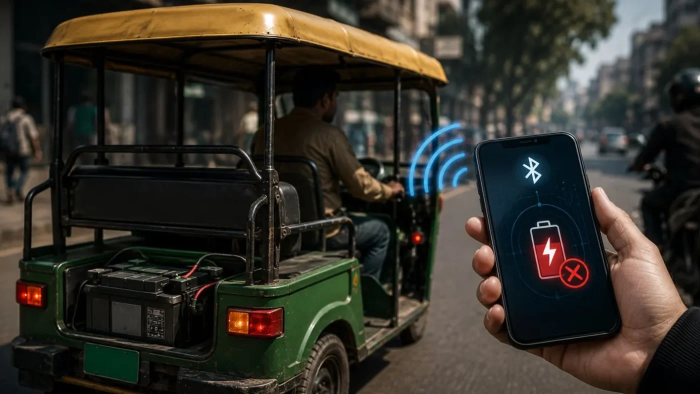 A close-up of a smartphone screen displaying an app icon, with an Indian e-rickshaw visible in the background, suggesting remote control.