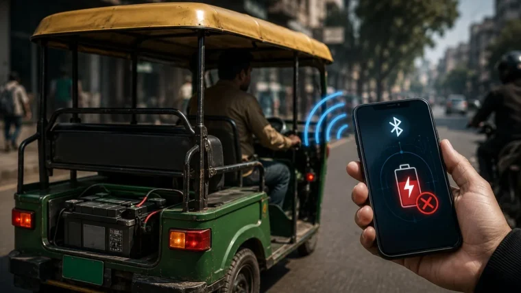 A close-up of a smartphone screen displaying an app icon, with an Indian e-rickshaw visible in the background, suggesting remote control.