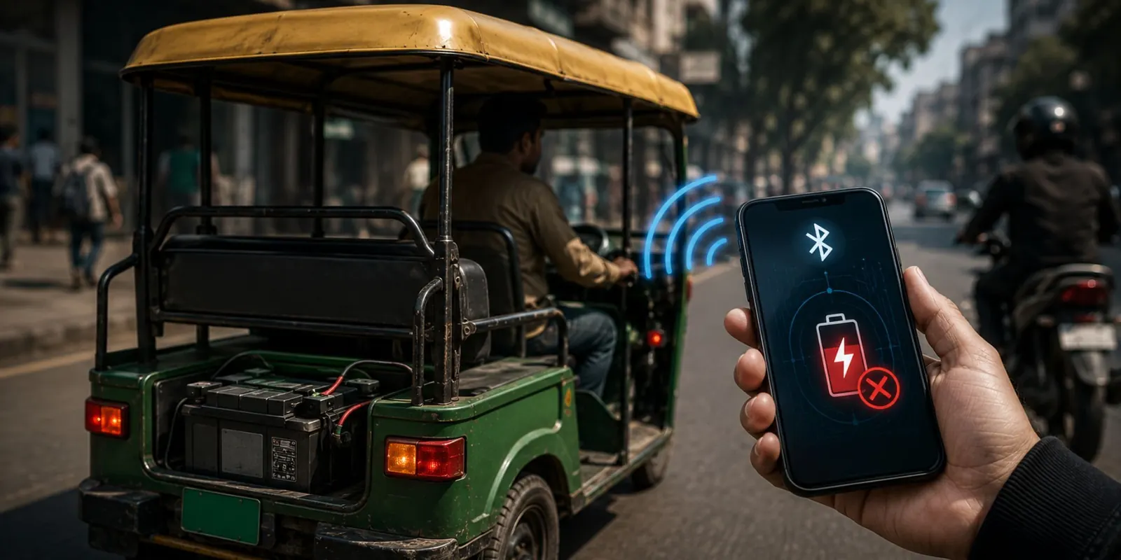 A close-up of a smartphone screen displaying an app icon, with an Indian e-rickshaw visible in the background, suggesting remote control.