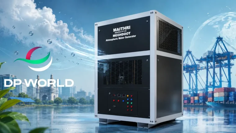Maithri Aquatech's Meghdoot atmospheric water generator unit in operation, producing clean drinking water from ambient air.
