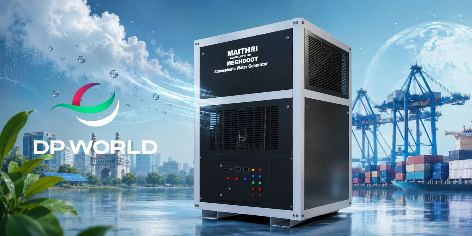Maithri Aquatech's Meghdoot atmospheric water generator unit in operation, producing clean drinking water from ambient air.