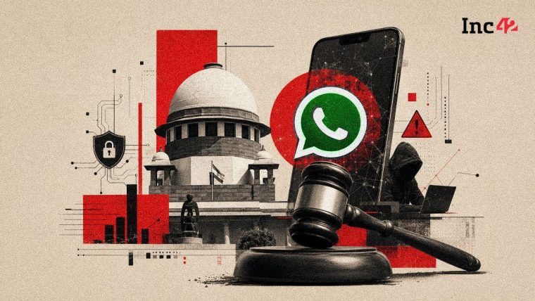 A smartphone displaying the WhatsApp interface with an "@username" field, overlaid with subtle graphics representing cyber security threats and the Indian Rupee symbol.