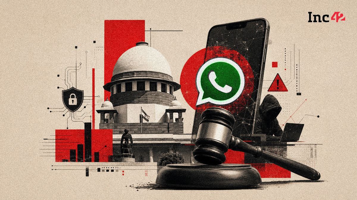 A smartphone displaying the WhatsApp interface with an "@username" field, overlaid with subtle graphics representing cyber security threats and the Indian Rupee symbol.