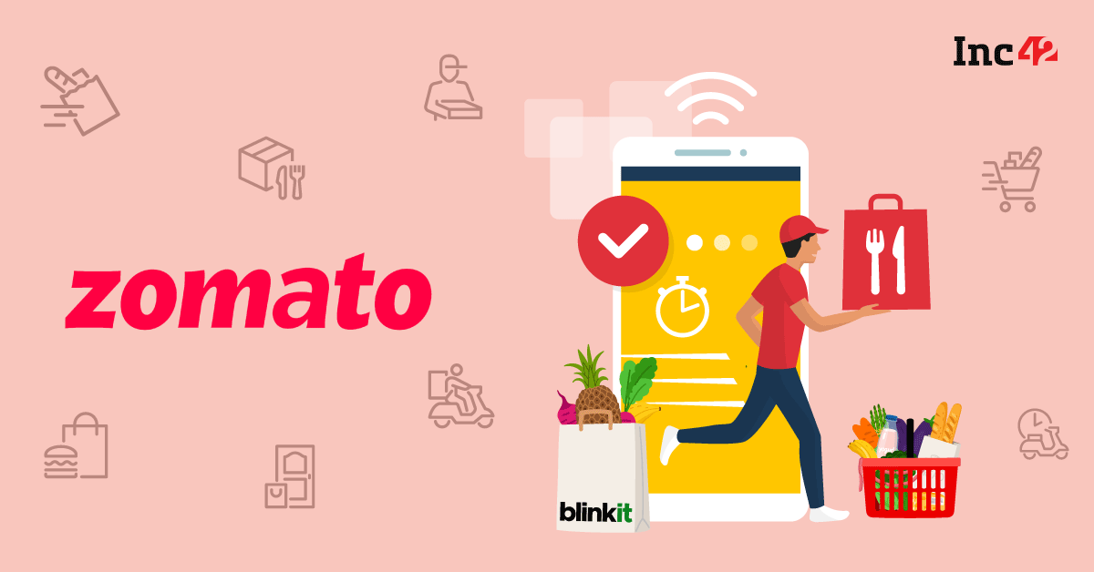 A user speaking into a smartphone, with a Zomato logo and AI-related graphics overlaid, illustrating voice-powered food ordering.