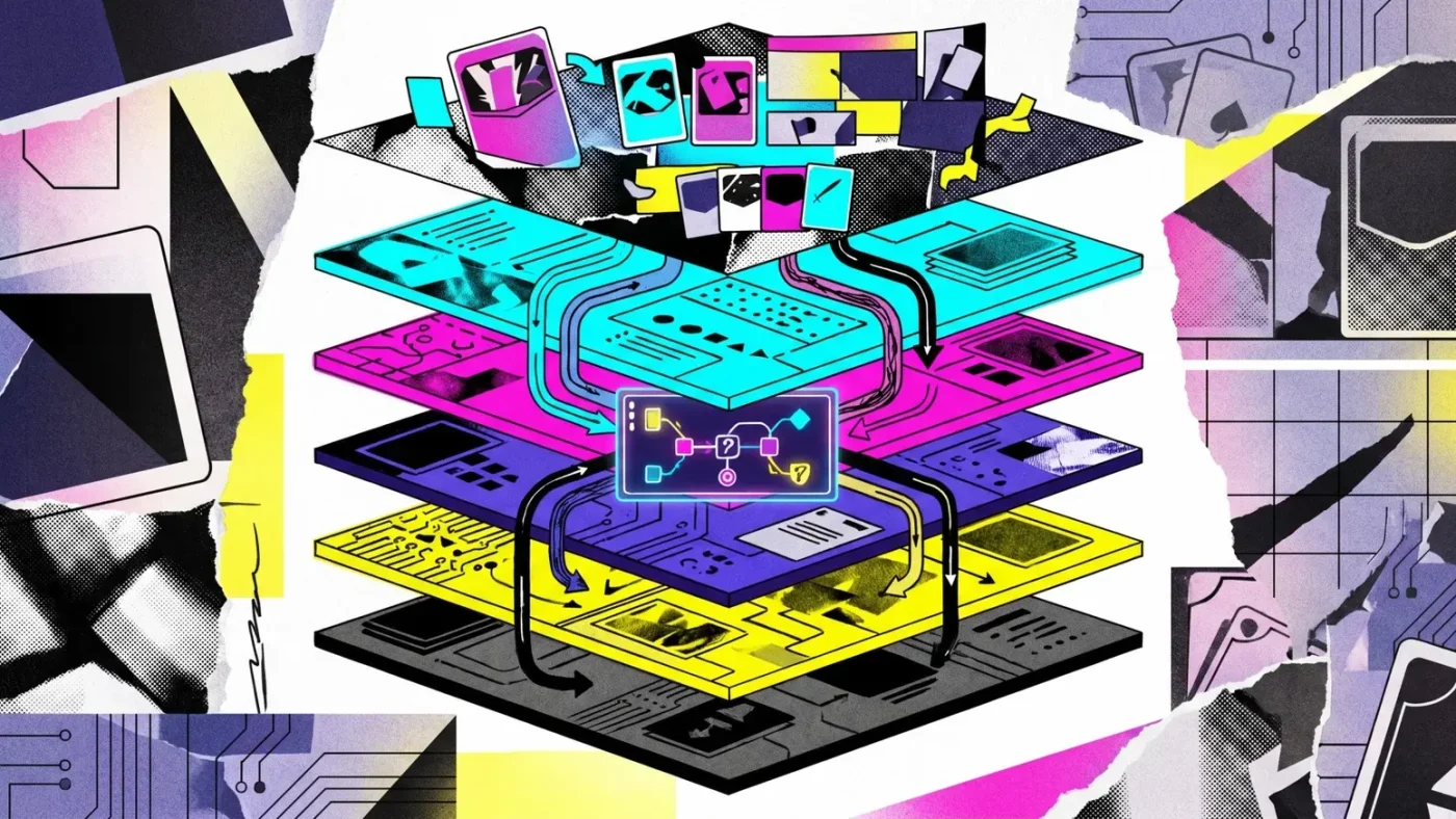 A visual representation of an AI agent interface for 'Slay the Spire 2,' showing structured memory layers instead of a long chat log, with card game elements in the background.
