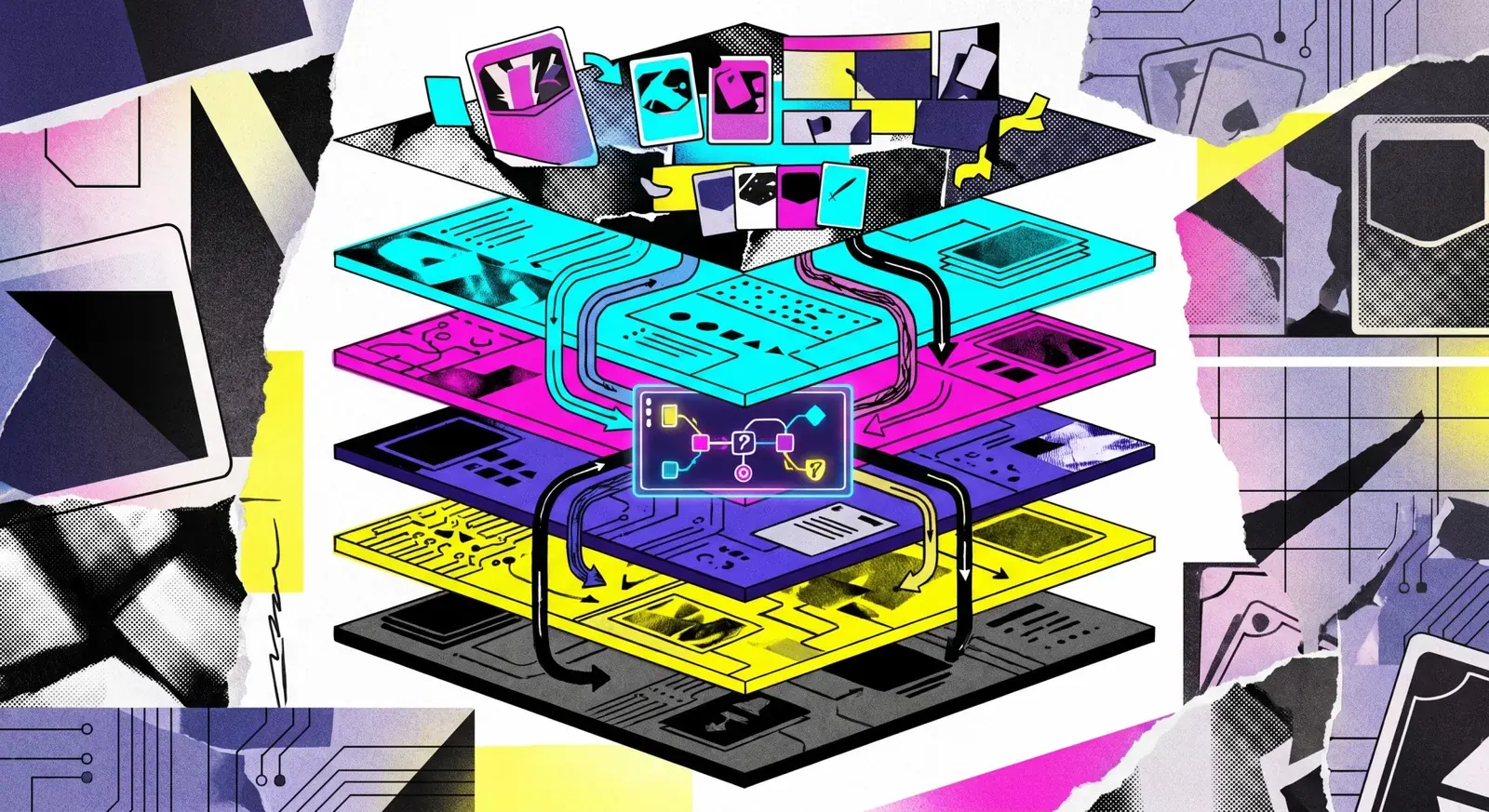 A visual representation of an AI agent interface for 'Slay the Spire 2,' showing structured memory layers instead of a long chat log, with card game elements in the background.