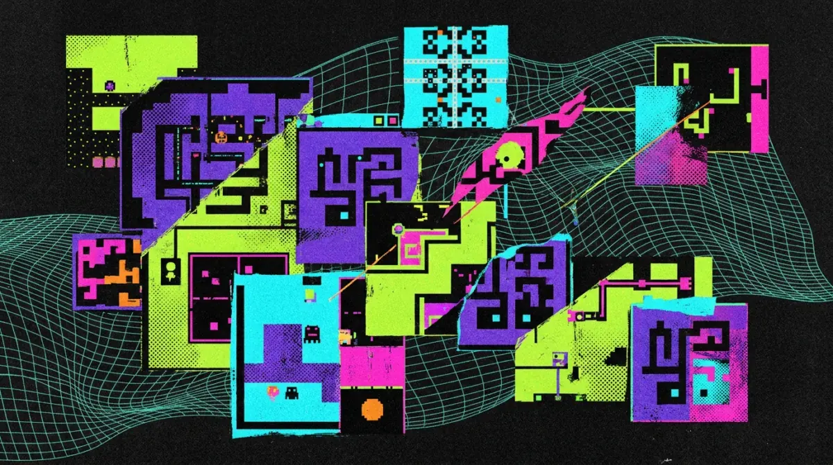 Illustration of an AI reasoning benchmark with a grid puzzle and model output