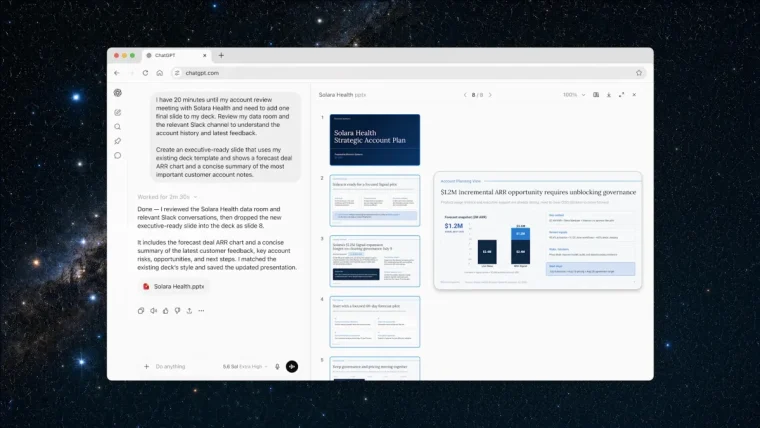 A split image showing the ChatGPT desktop application interface on one side and a Google Chrome browser window with the new ChatGPT extension sidebar on the other, both displaying