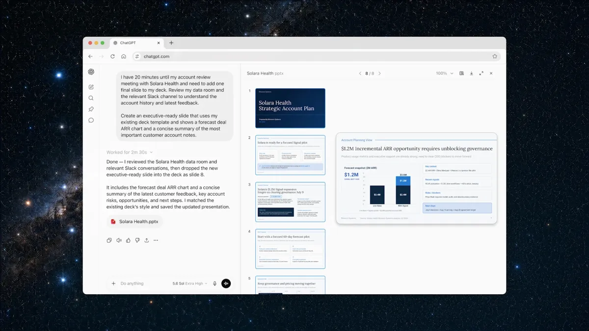 A split image showing the ChatGPT desktop application interface on one side and a Google Chrome browser window with the new ChatGPT extension sidebar on the other, both displaying