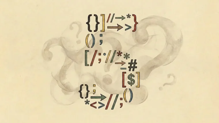 A developer looking at code on a screen, with thought bubbles indicating unknown variables and blind spots, representing the challenge of prompting AI effectively.