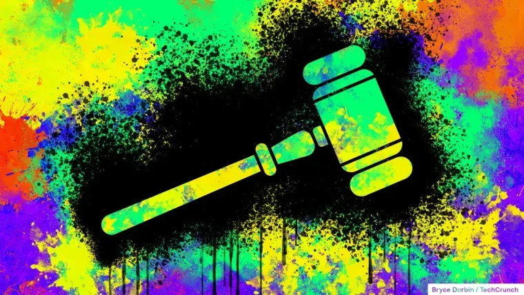 Photograph of a courthouse entrance with a gavel, overlaid with digital network lines symbolising the AI infrastructure dispute between Runlayer and Rippling.