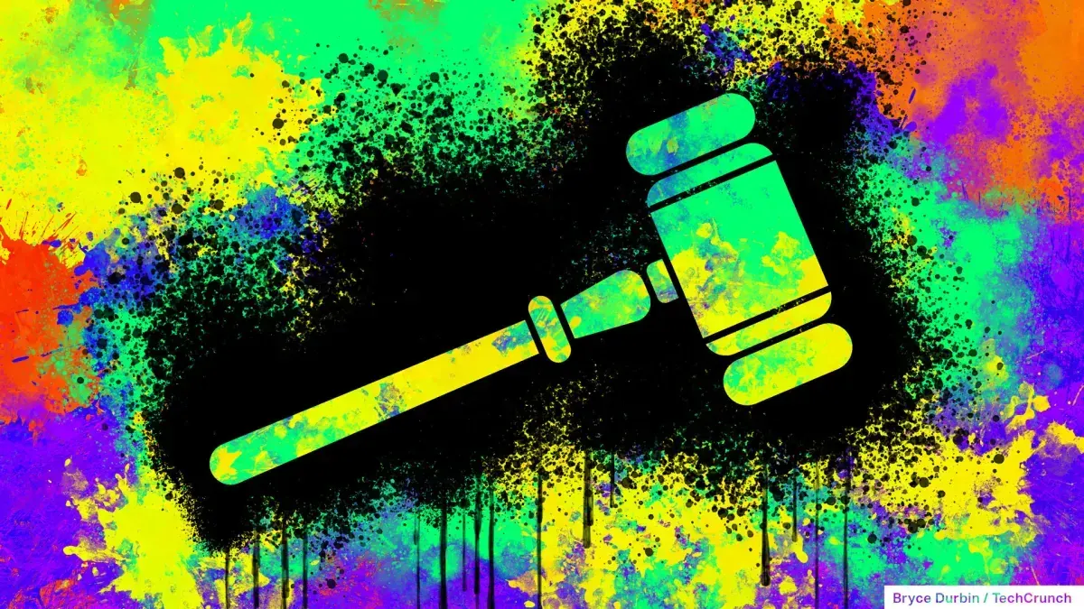Photograph of a courthouse entrance with a gavel, overlaid with digital network lines symbolising the AI infrastructure dispute between Runlayer and Rippling.