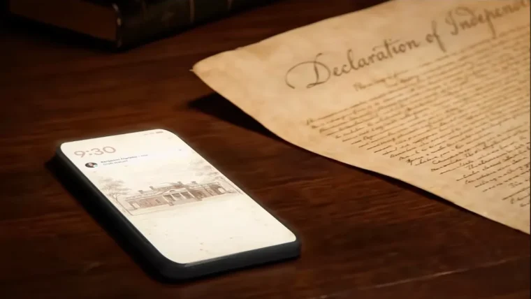 Founding Fathers depicted using modern AI tools like Google Docs and Gemini to draft historical documents.