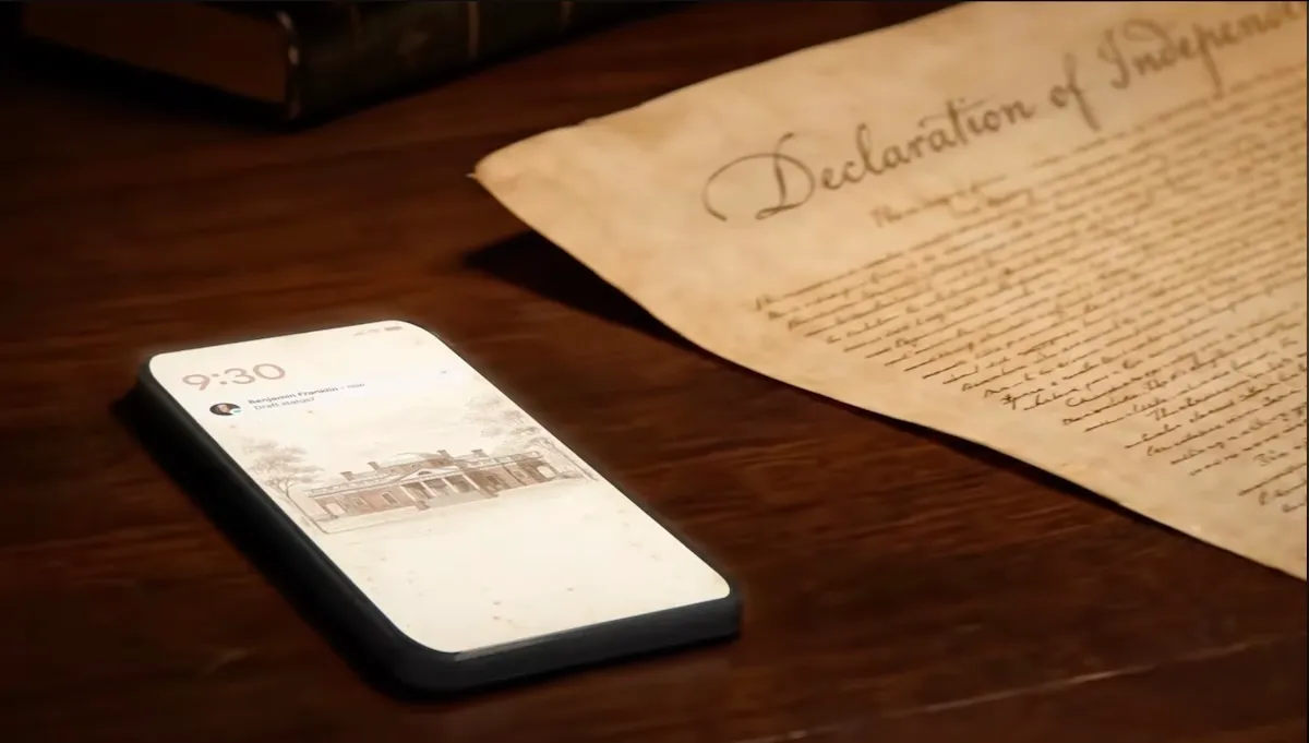Founding Fathers depicted using modern AI tools like Google Docs and Gemini to draft historical documents.