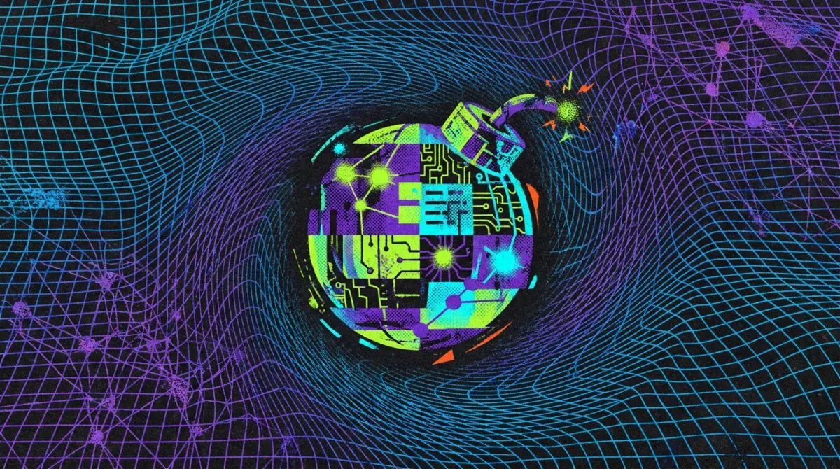 A screen displaying an AI chatbot interface with text related to attack planning, superimposed with a warning sign, illustrating the misuse of AI by terrorist groups.