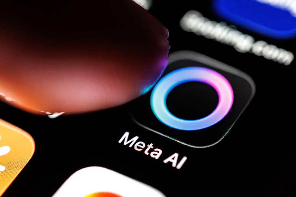 A futuristic interface showing code being generated by an AI assistant, with the Meta logo subtly visible.