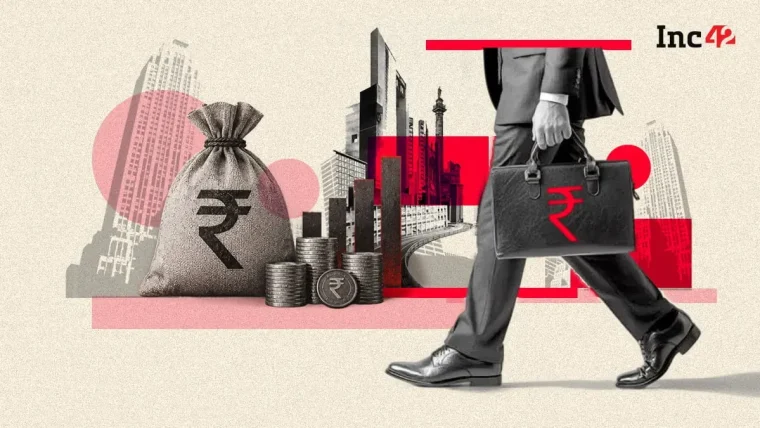 A graphic illustrating the trend of Indian startup funding with a distinct upward arrow for AI investments against an overall declining trend.