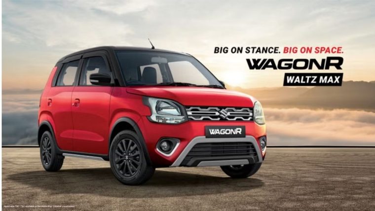 A Maruti Suzuki WagonR hatchback driving on an urban Indian road, representing practical everyday mobility.