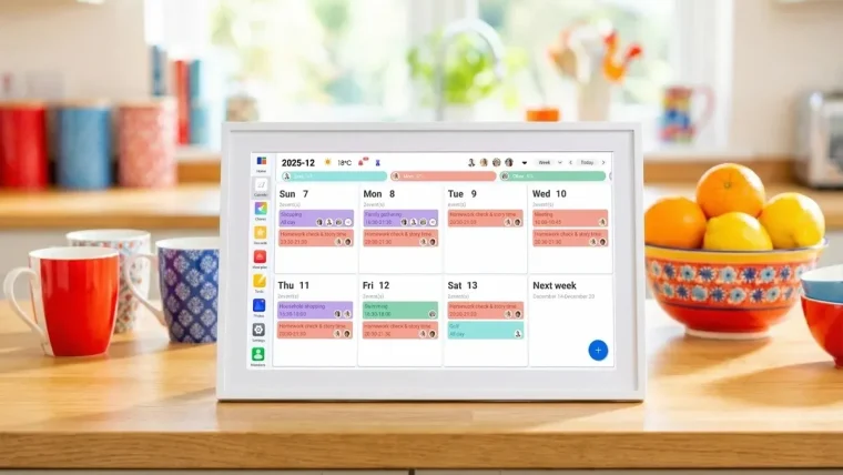 Linkdaze 15.6-inch smart calendar mounted on a kitchen wall displaying a family schedule with color-coded entries for different members