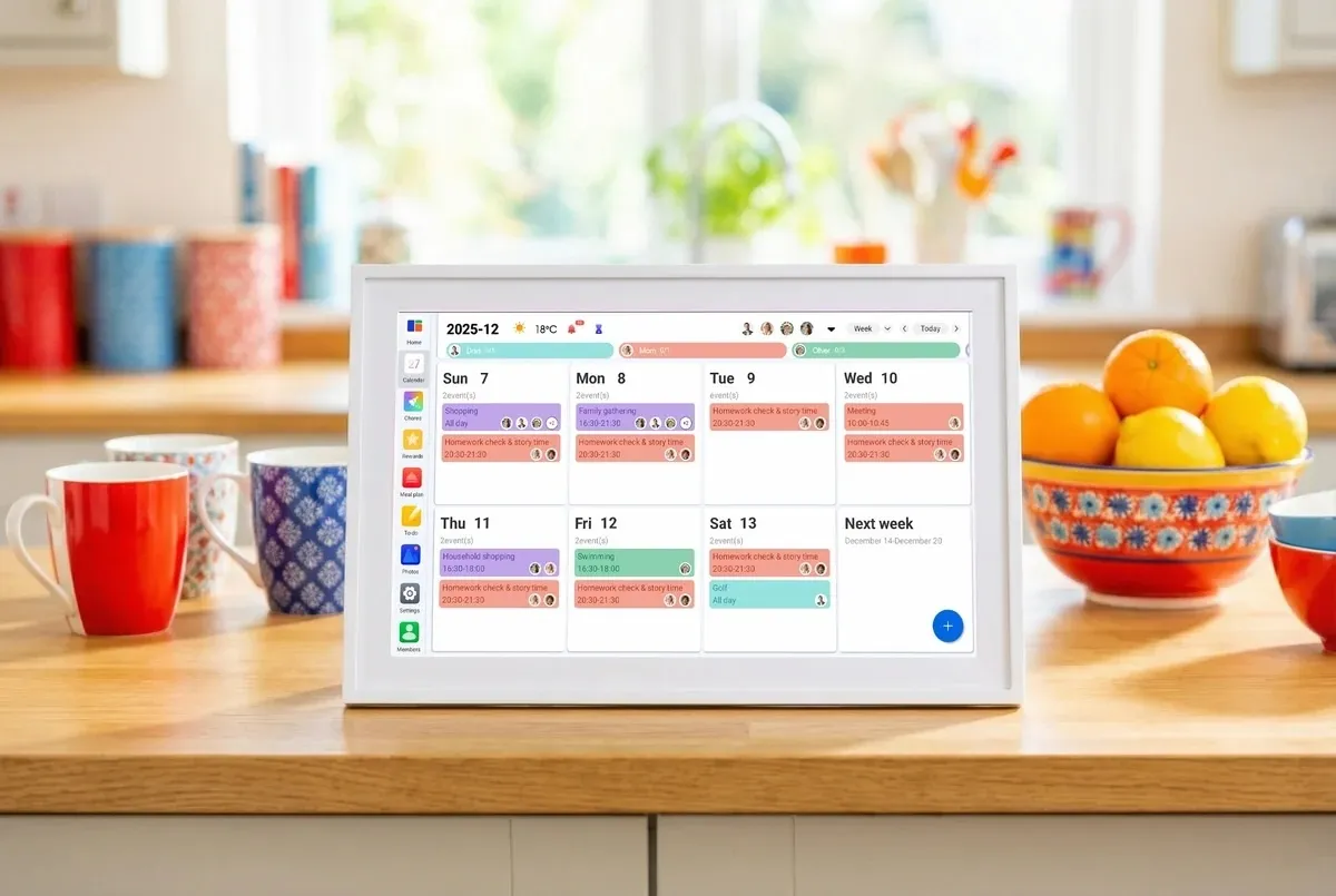 Linkdaze 15.6-inch smart calendar mounted on a kitchen wall displaying a family schedule with color-coded entries for different members