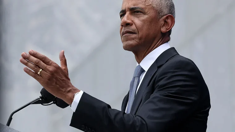 Former US President Barack Obama speaking at a Democratic fundraising event where he discussed AI safeguards and the need for a public framework
