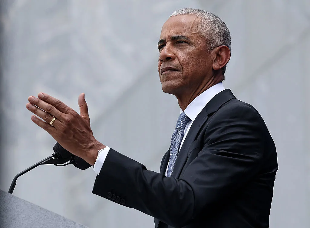Former US President Barack Obama speaking at a Democratic fundraising event where he discussed AI safeguards and the need for a public framework