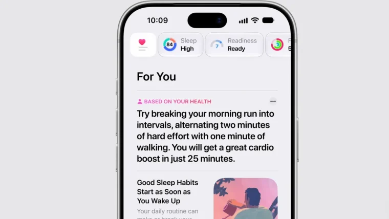 Apple Health app redesigned interface displaying Health Age, readiness score, and longevity dashboard powered by Apple Intelligence