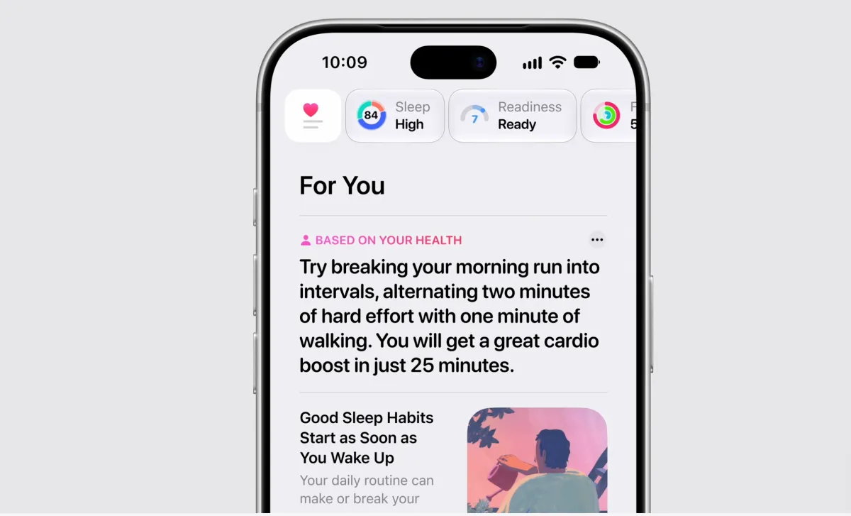 Apple Health app redesigned interface displaying Health Age, readiness score, and longevity dashboard powered by Apple Intelligence