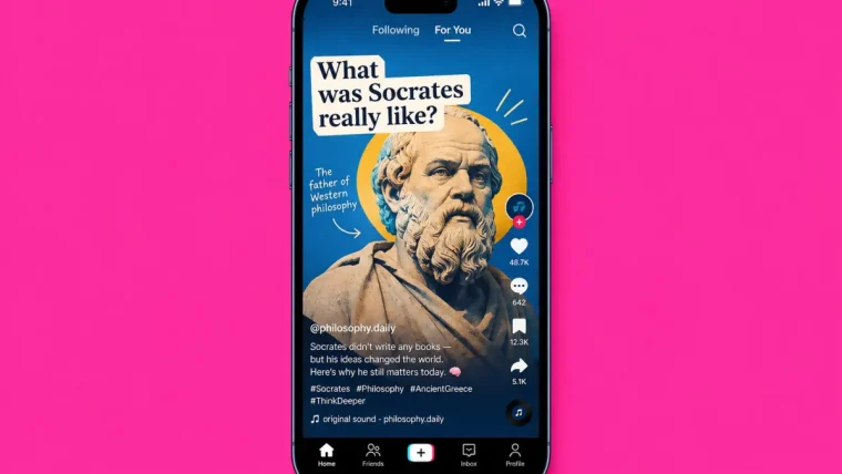 ScrollEd app interface displaying a vertical scroll feed with AI-generated video, text, and a quiz card