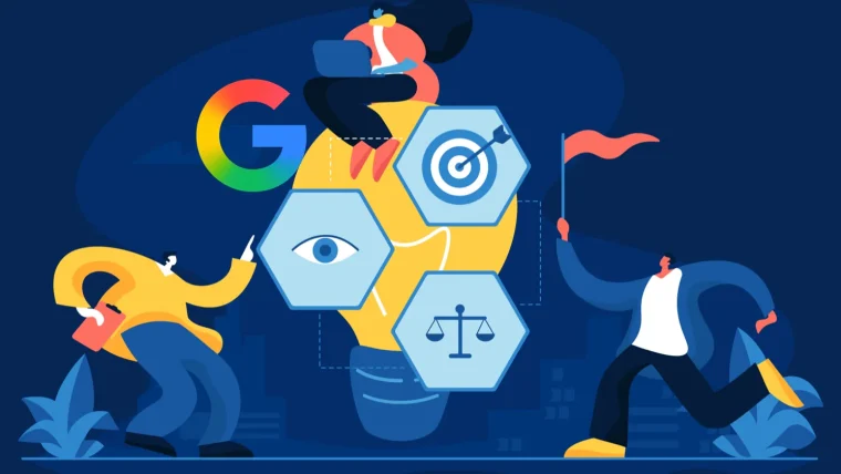 Google headquarters building with EU Digital Markets Act logo overlay, representing search data licensing compliance in Europe