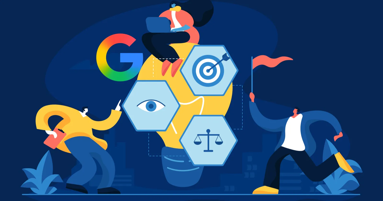 Google headquarters building with EU Digital Markets Act logo overlay, representing search data licensing compliance in Europe