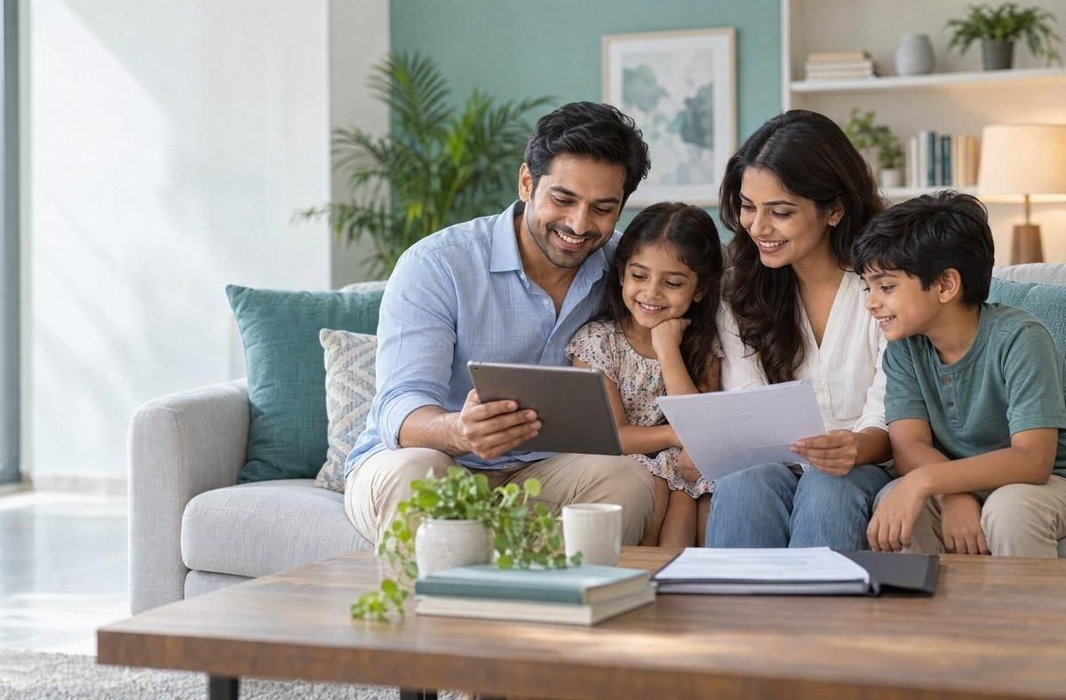 Indian family reviewing health insurance policy documents at a dining table