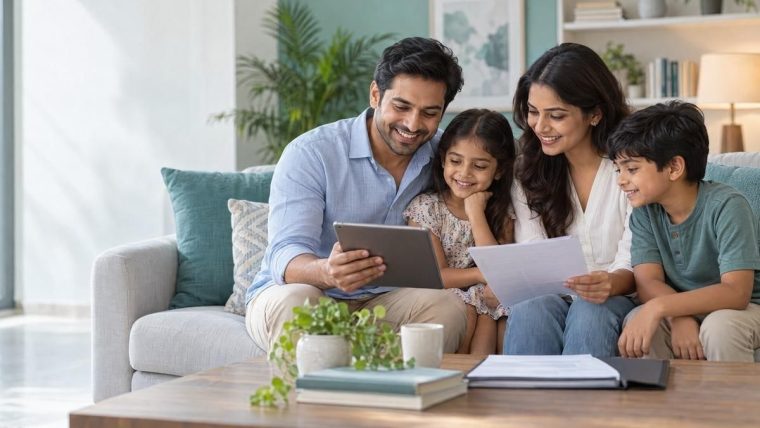 Indian family reviewing health insurance policy documents at a dining table