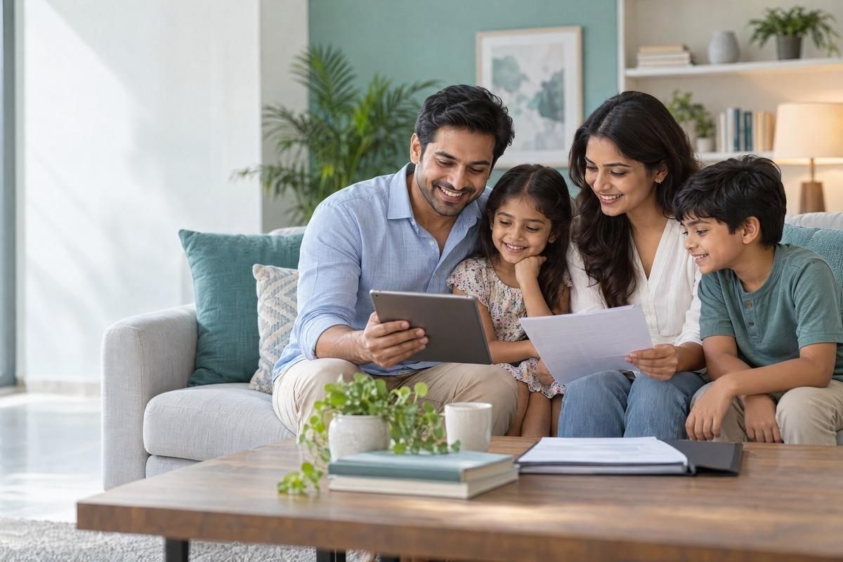 Indian family reviewing health insurance policy documents at a dining table